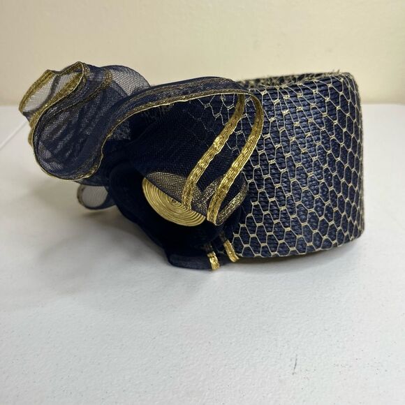 Vintage 80s Sylvia Church Lady Hat Navy Gold Metallic Mesh Netting Union Made US main image 10